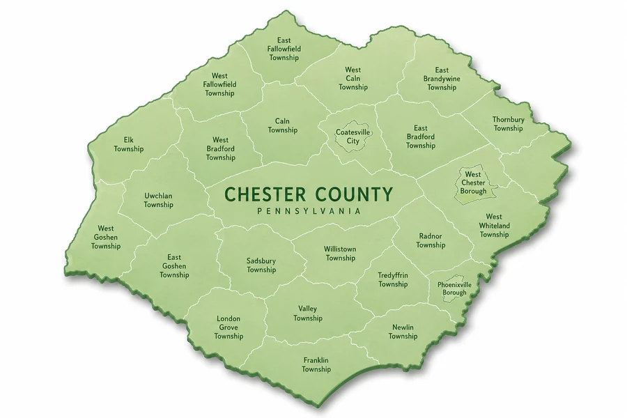 Chester County Pennsylvania service area map showing townships and communities served by Tap to Table Water Filtration